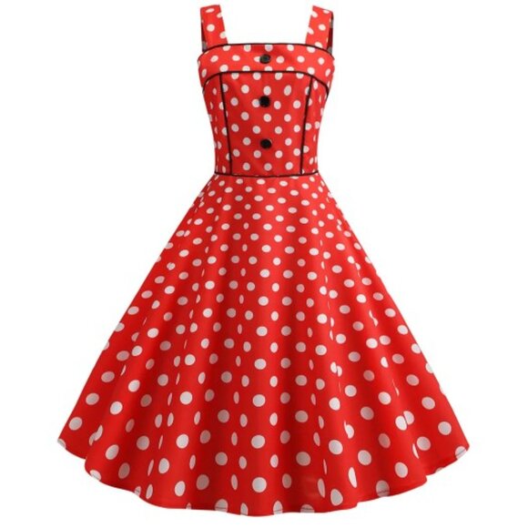 Women's Retro Vintage 1950's Sleeveless Strappy Polkadots Rockabilly Swing Dress - Picture 1 of 6